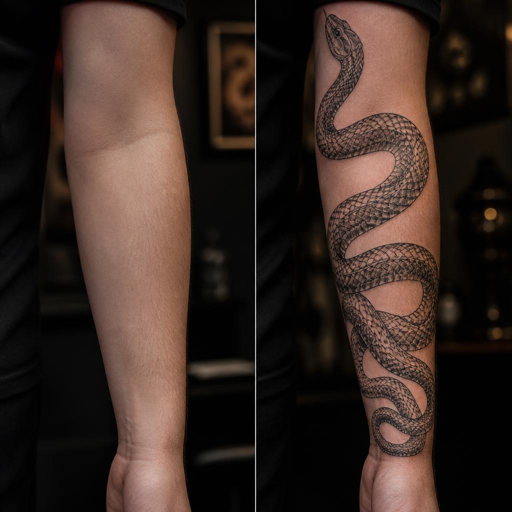 Before and after of a snake tattoo previewed on a forearm